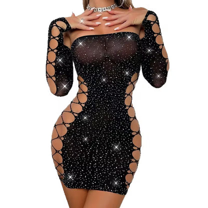 Side profile view showcasing hollow cut-out side panels on black hot drill perspective mini dress - Bikinisexzy.com