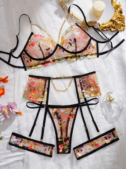 bikinisexzy sexy floral bra set with golden chain and adjustable garter leg straps – black