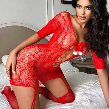 Reclining side view showing form-fitting red sheer mesh christmas party skirt outfit - Bikinisexzy