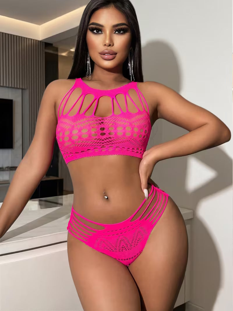 Front standing pose displaying rose pink hollow strappy mesh camisole two piece set - Bikinisexzy