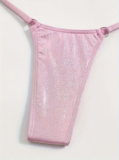 Pink glitter thong on a BIKINISEXZY stretchy knit bikini for summer vacation