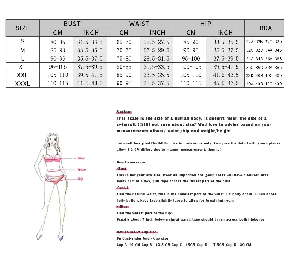 Swimwear size chart with measurements and a diagram of a woman wearing a pink bikini. BIKINISEXZY modern brazilian style swimwear collection