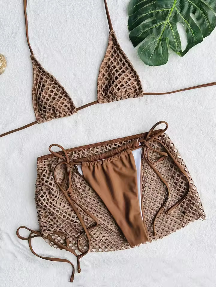 Brown bikini set with mesh design on a white background. Trendy push-up swimsuit collection from BIKINISEXZY