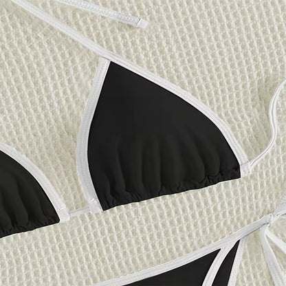 Black bikini top with white straps and high quality BIKINISEXZY triangle thong two-piece swimsuit design