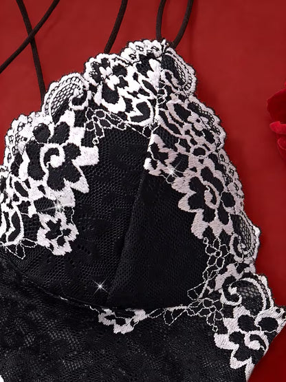 Bikinisexzy Two-tone Floral Lace Set – Black bralette and briefs flatlay on Valentine's Day styled background
