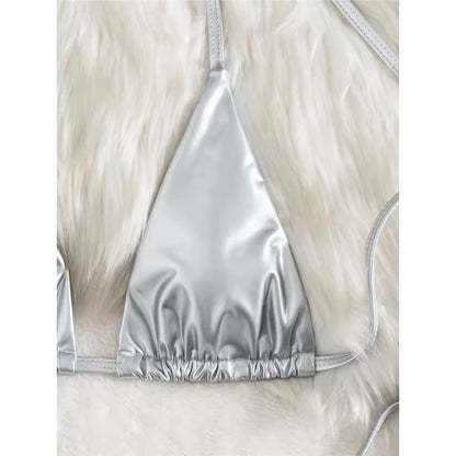 Silver bralette on a white background.BIKINISEXZY sexy halter neck leather swimsuit
