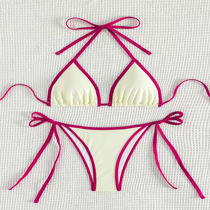 White bikini with pink straps on a textured white background.BIKINISEXZY low waist brazilian biquini swimwear