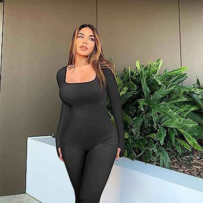 Women's Black Yoga Jumpsuit - Seamless Long-Sleeve Design for Ultimate Comfort - Bikinisexzy.com