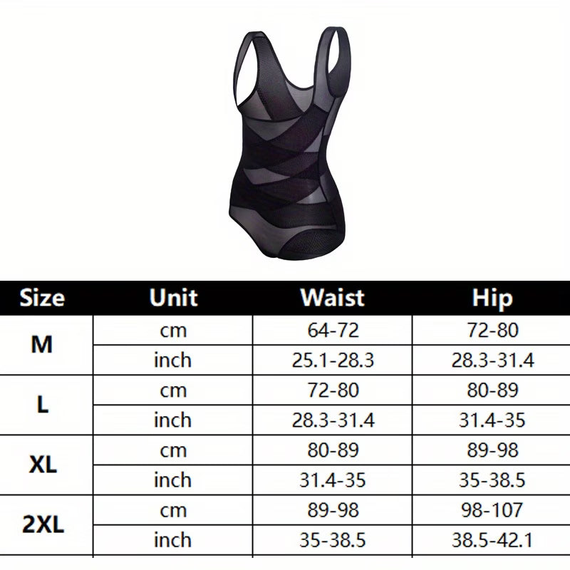 bikinisexzy Women's Black Mesh Body Shaper Bodysuit Front View – Tummy Control Corset