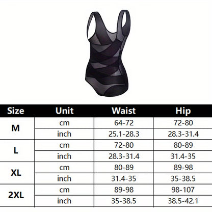bikinisexzy Women's Black Mesh Body Shaper Bodysuit Front View – Tummy Control Corset
