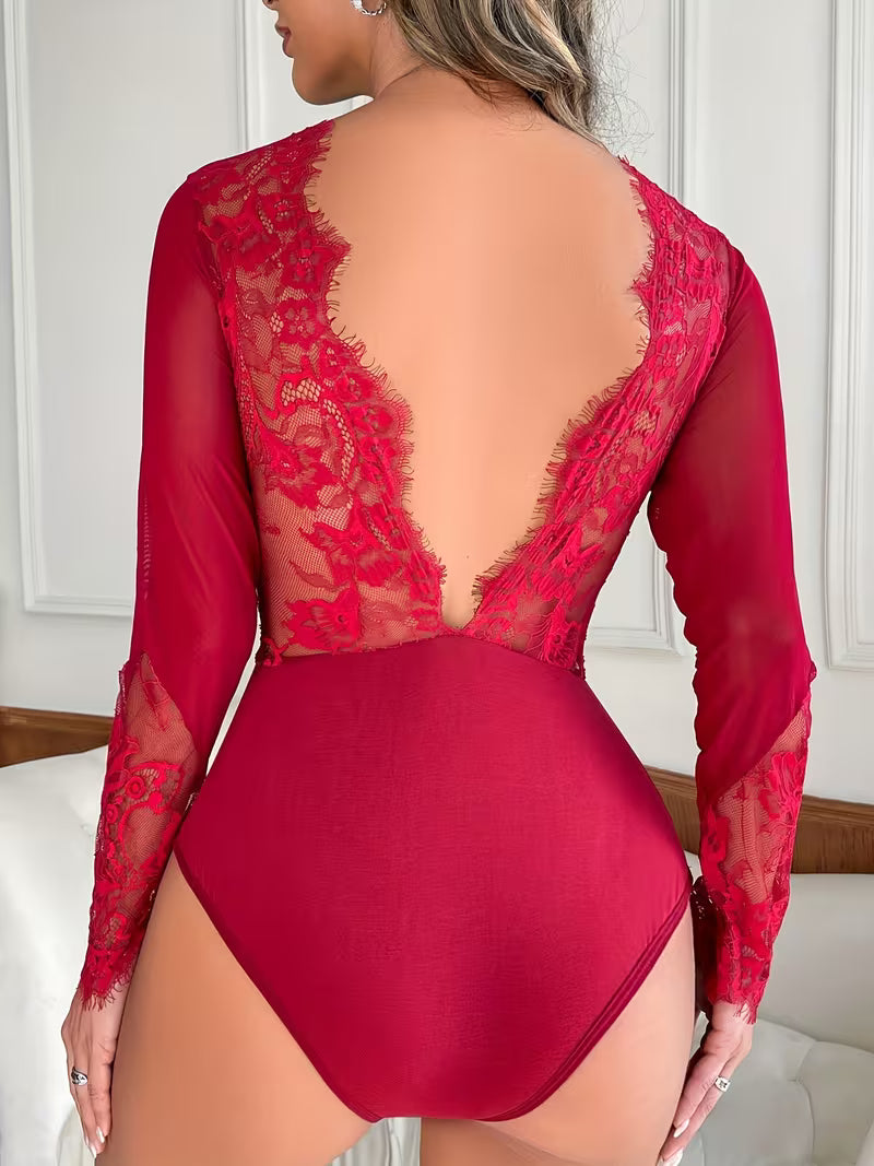 Back view showing backless V cut and lace long sleeves of burgundy bodysuit - Bikinisexzy | Bikinisexzy.com
