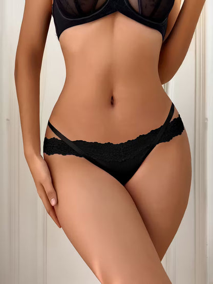 bikinisexzy Women's Black Lace Patchwork Thong – Standing front View, V-String Panty