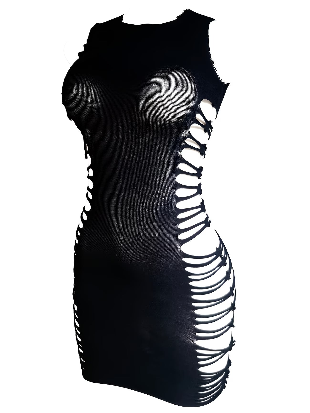 Flat lay product shot of black ripped fishnet bodycon mini dress showing full design – bikinisexzy