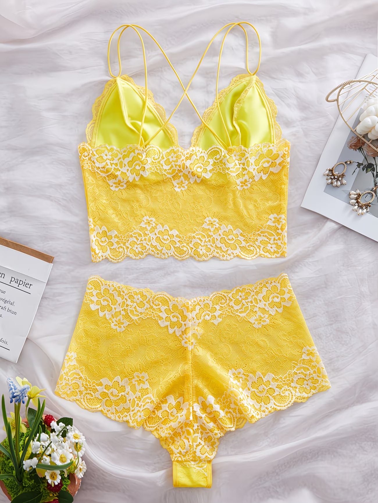 Bikinisexzy Yellow Lace Lingerie Set Model Close Up – Floral Bralette Detail