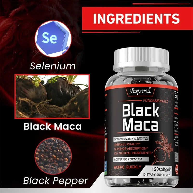 Natural ingredients list showing Black Maca root, Selenium, and Black Pepper extract. Available at Bikinisexzy 