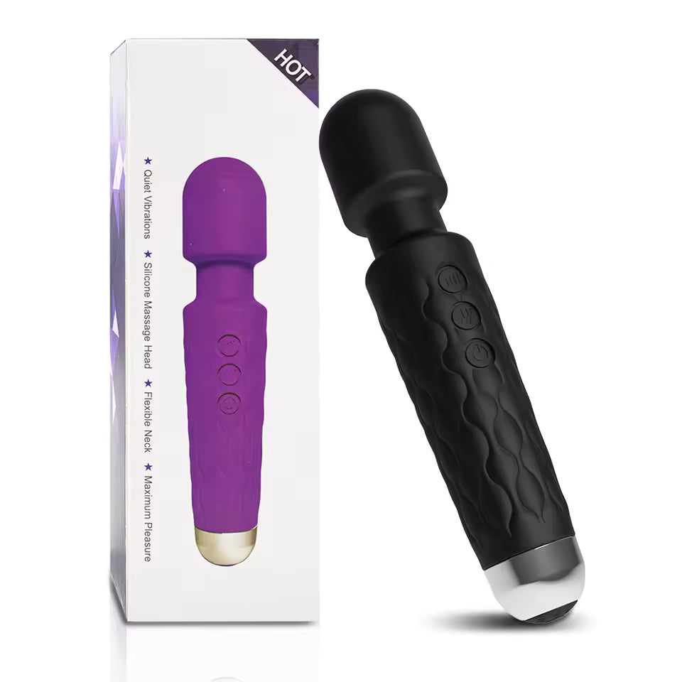 Black Magic Wand massager inside its discrete retail packaging box available in bikinisexzy 