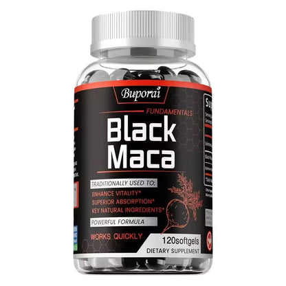 Bottle of Buporai Black Maca 120 softgels dietary supplement available at Bikinisexzy 