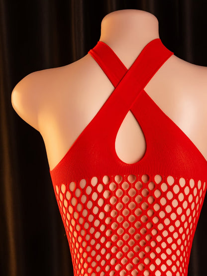 Back view of the red fishnet bodystocking featuring an elegant strap design at Bikinisexzy.com