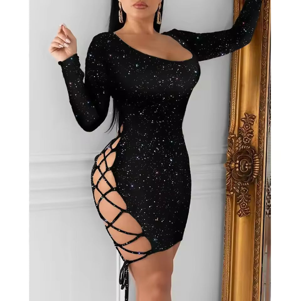 Sexy sparkle black backless bandage mini dress with side holes from Bikinisexzy.com