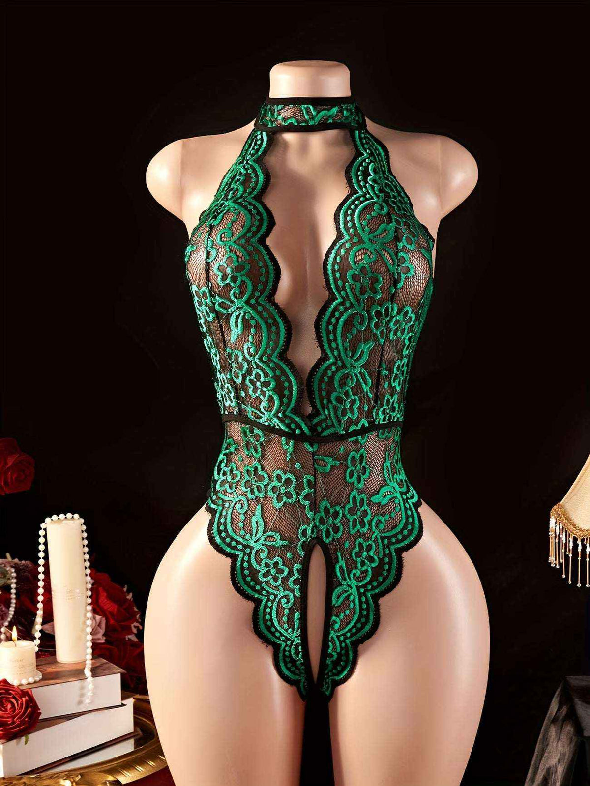 Sexy Lace Bodysuit - Halter Neck Deep V-Neck Backless Lingerie for Women | Bikinisexzy.com
