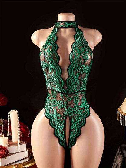 Sexy Lace Bodysuit - Halter Neck Deep V-Neck Backless Lingerie for Women | Bikinisexzy.com