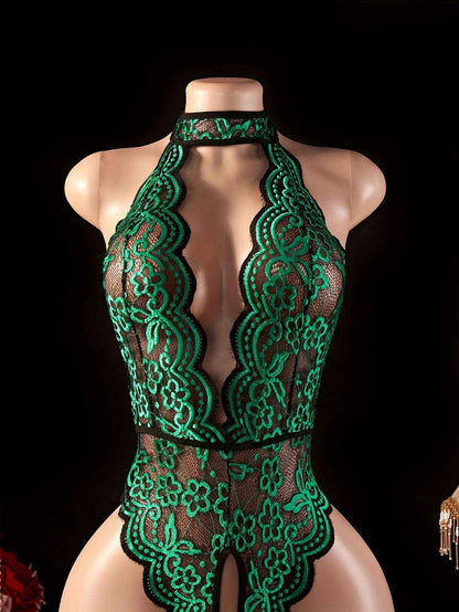 Sexy Lace Bodysuit - Halter Neck Deep V-Neck Backless Lingerie for Women | Bikinisexzy.com