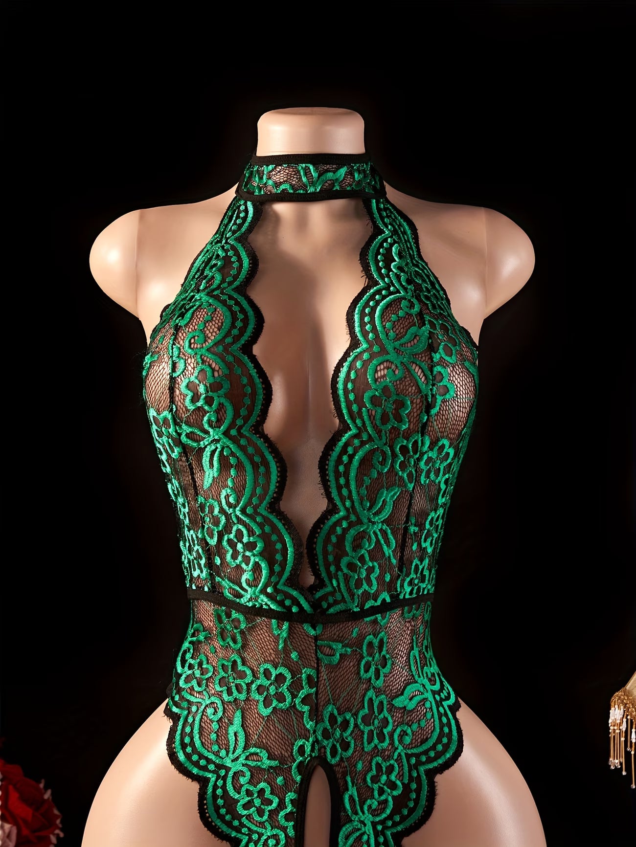 Deep V-neck backless green lace bodysuit for adult pleasure at Bikinisexzy.com