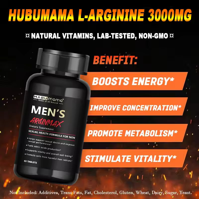 Bottle of Hubumama L-Arginine 3000MG supplement with benefits listed on a fiery background with Bikinisexzy 