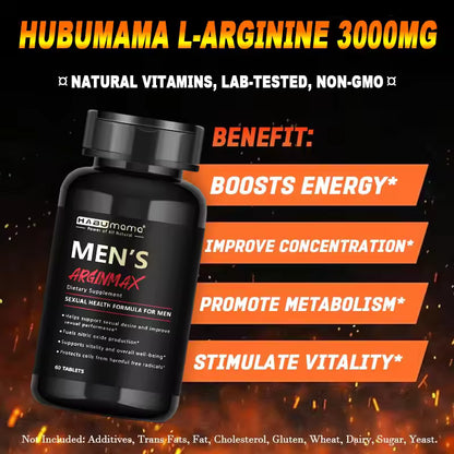 Bottle of Hubumama L-Arginine 3000MG supplement with benefits listed on a fiery background with Bikinisexzy 