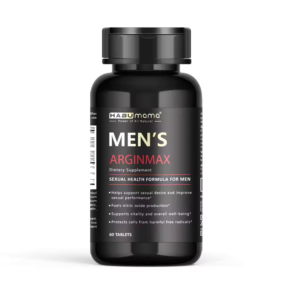 Black bottle of Men's Arginmax dietary supplement with HABUMAMA branding on a white background and Product packaging of Habumama Men's Arginmax 60 tablet bottle shop Bikinisexzy 
