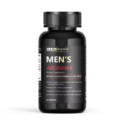 Black bottle of Men's Arginmax dietary supplement with HABUMAMA branding on a white background and Product packaging of Habumama Men's Arginmax 60 tablet bottle shop Bikinisexzy 