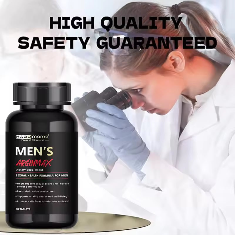 Bottle of Men's ArgenMAX dietary supplement with a scientist using a microscope in the background.Lab scientist checking high-quality, safe male dietary supplements Bikinisexzy 