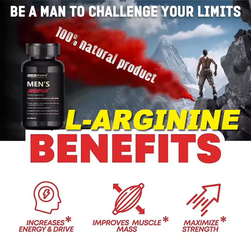 Advertisement for Men's Health L-Arginine supplement with mountain and person with L-Arginine benefits graphic highlighting increased energy, muscle mass, and strength for men buy Bikinisexzy 