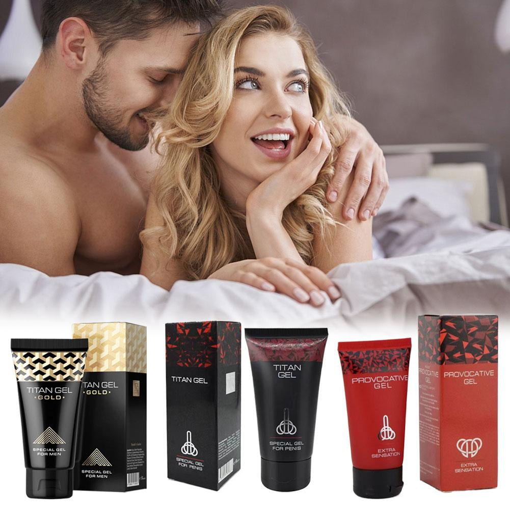 Bikinisexzy Couple in bed with Titan Gel products displayed in the foreground Premium Titan male massage ointment 50ml side view
