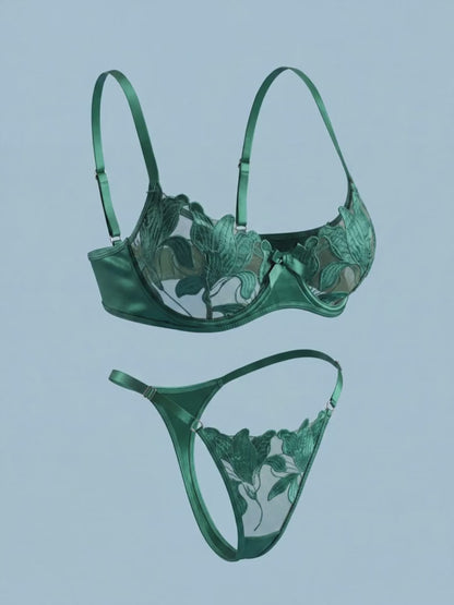 Emerald Floral Embroidered Sheer Lingerie Set