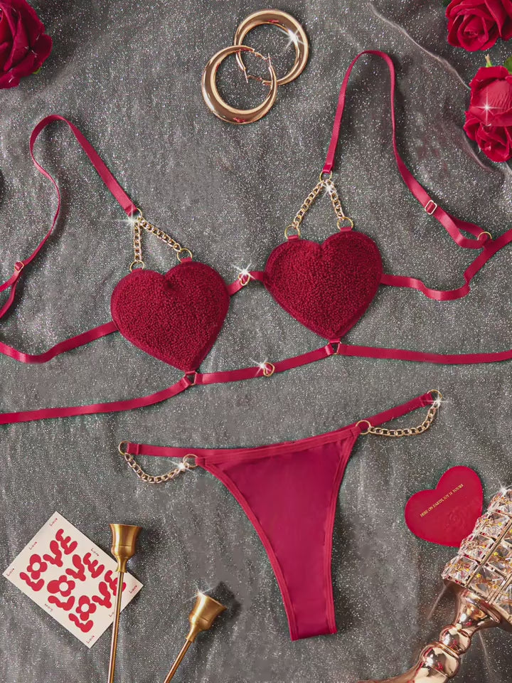 Complete burgundy red heart chain bra and thong 2-piece set - Bikinisexzy | Bikinisexzy.com