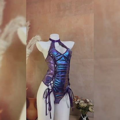Nova Holographic Iridescent Halter Bodysuit