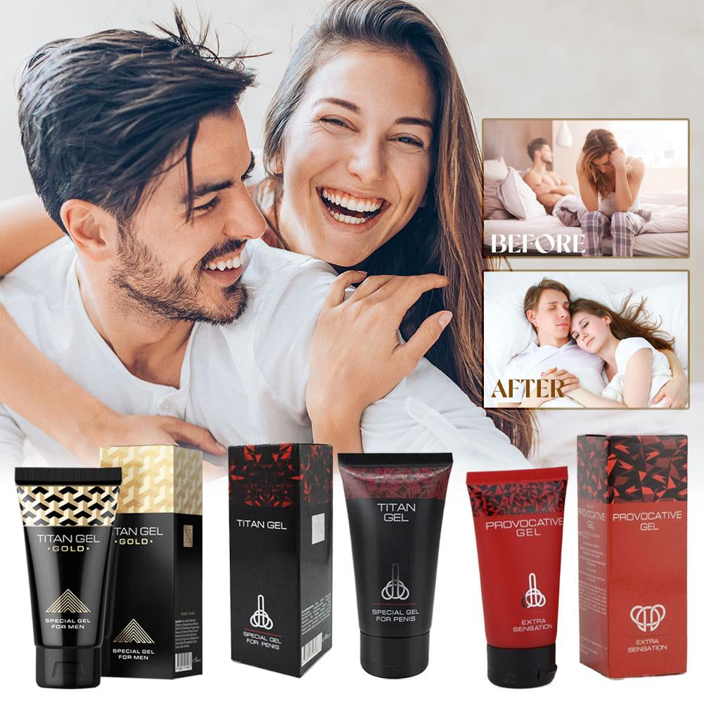 Couple embracing with Titan Gel products displayed below Applying Titan massage gel for a smooth intimate experience