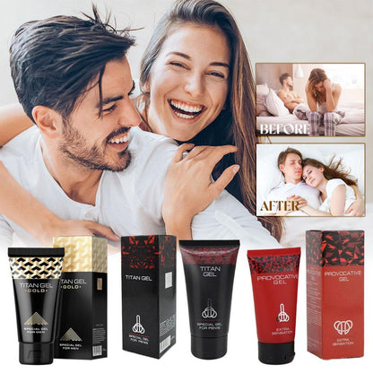 Couple embracing with Titan Gel products displayed below Applying Titan massage gel for a smooth intimate experience