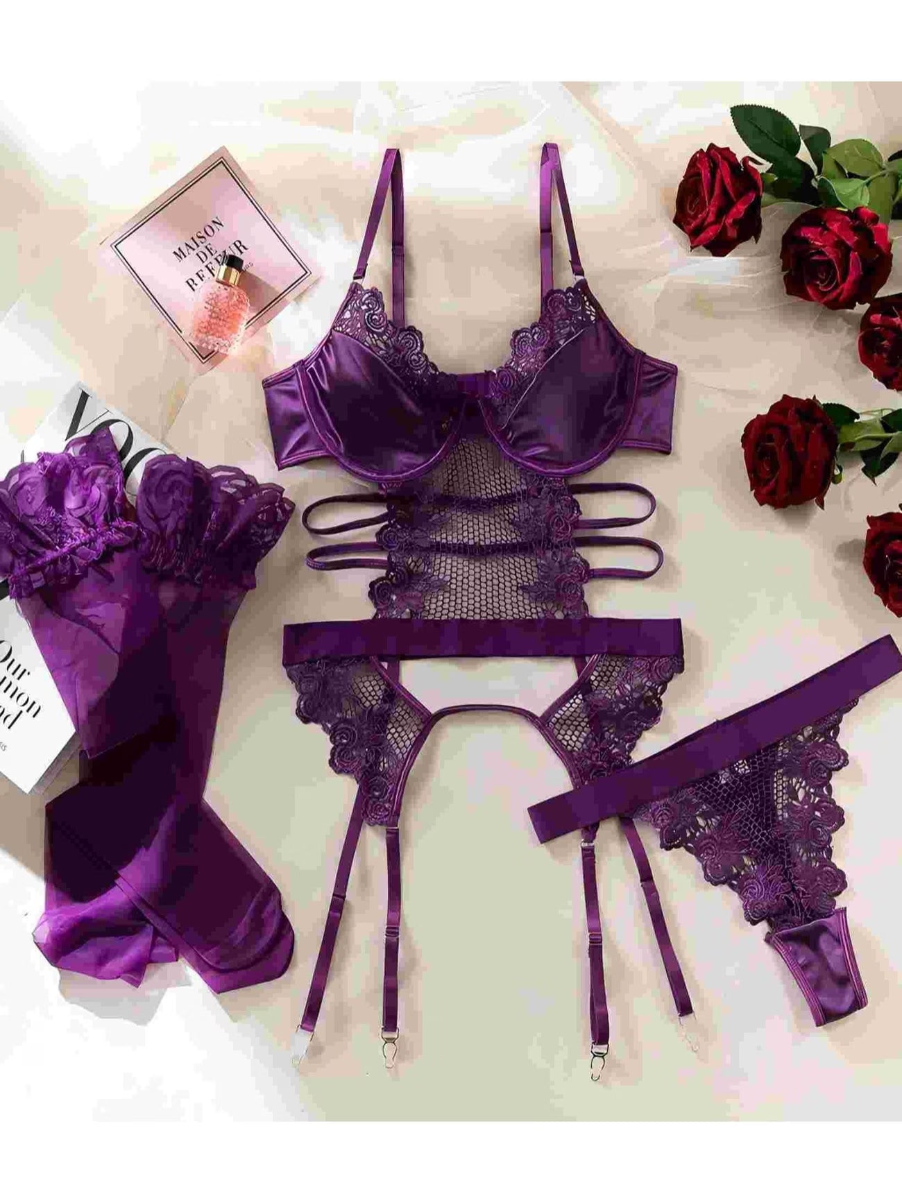 Sexy purple semi-sheer lace mesh satin lingerie set - Bikinisexzy.com