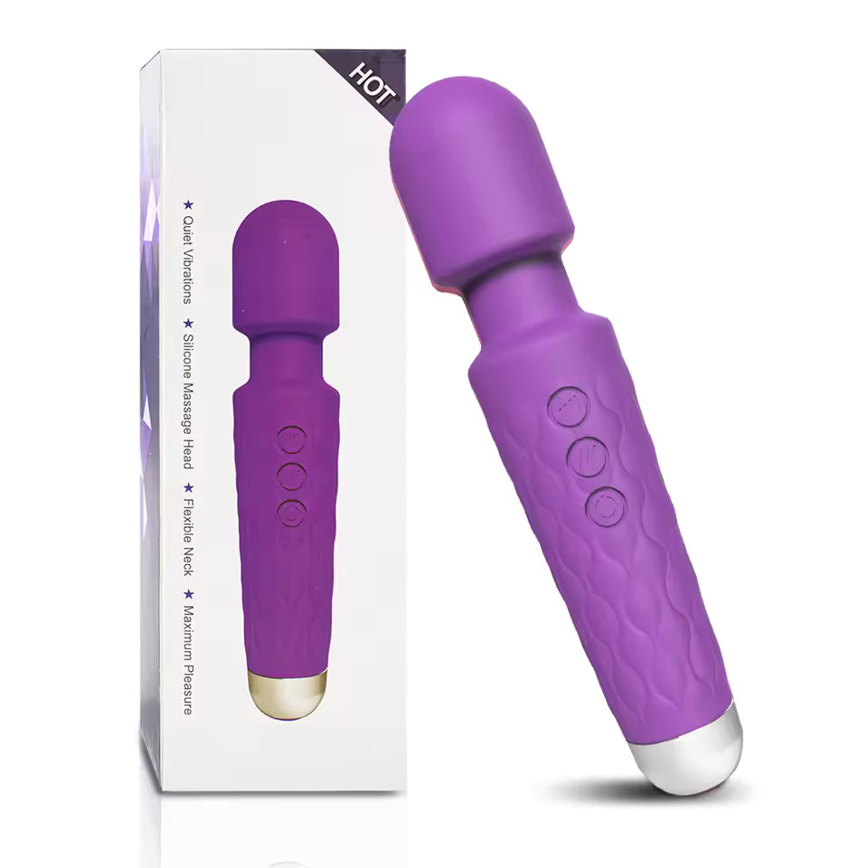 Purple Magic Wand massager inside its discrete retail packaging box available in bikinisexzy 