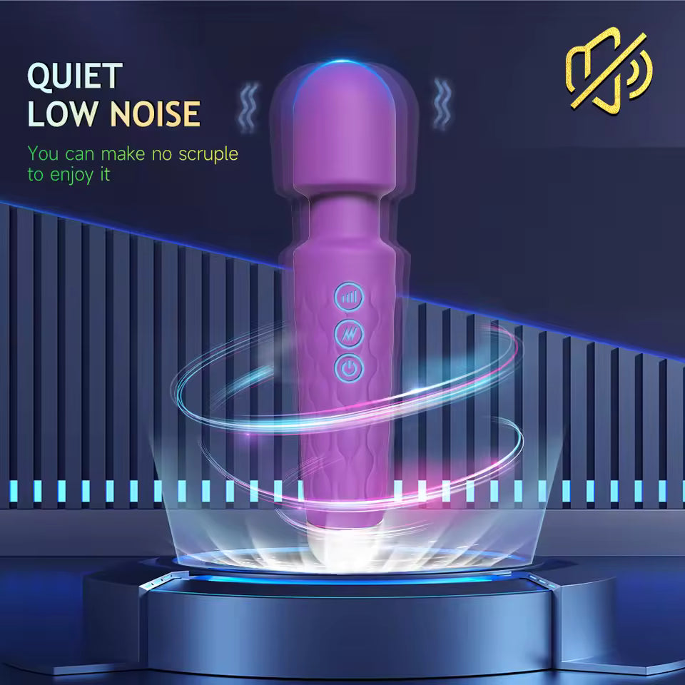 Purple electronic device with glowing blue accents on a dark background, labeled 'Quiet Low Noise'.Extremely quiet and low noise design of the Magic Wand massager with bikinisexzy 