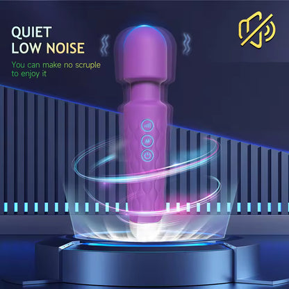 Purple electronic device with glowing blue accents on a dark background, labeled 'Quiet Low Noise'.Extremely quiet and low noise design of the Magic Wand massager with bikinisexzy 