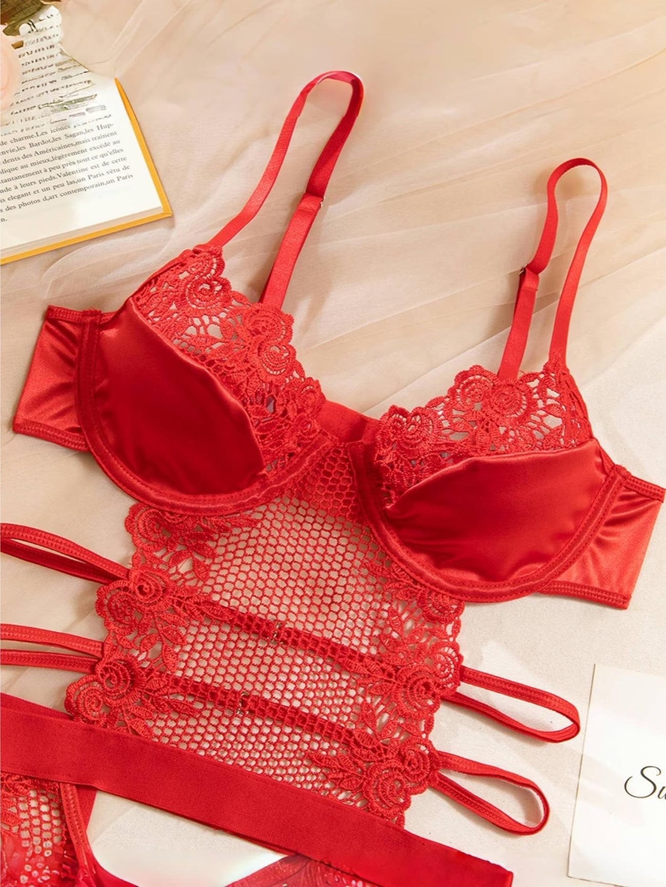 Red contrast lace garter bustier bodysuit for women - Bikinisexzy.com