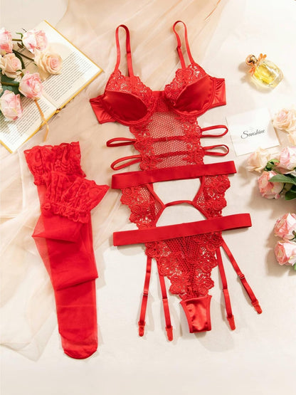 Sexy red semi-sheer lace mesh satin lingerie set - Bikinisexzy.com