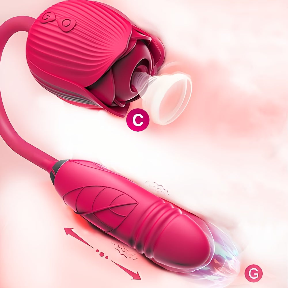G-spot stimulator rose toy with thrusting dildo
