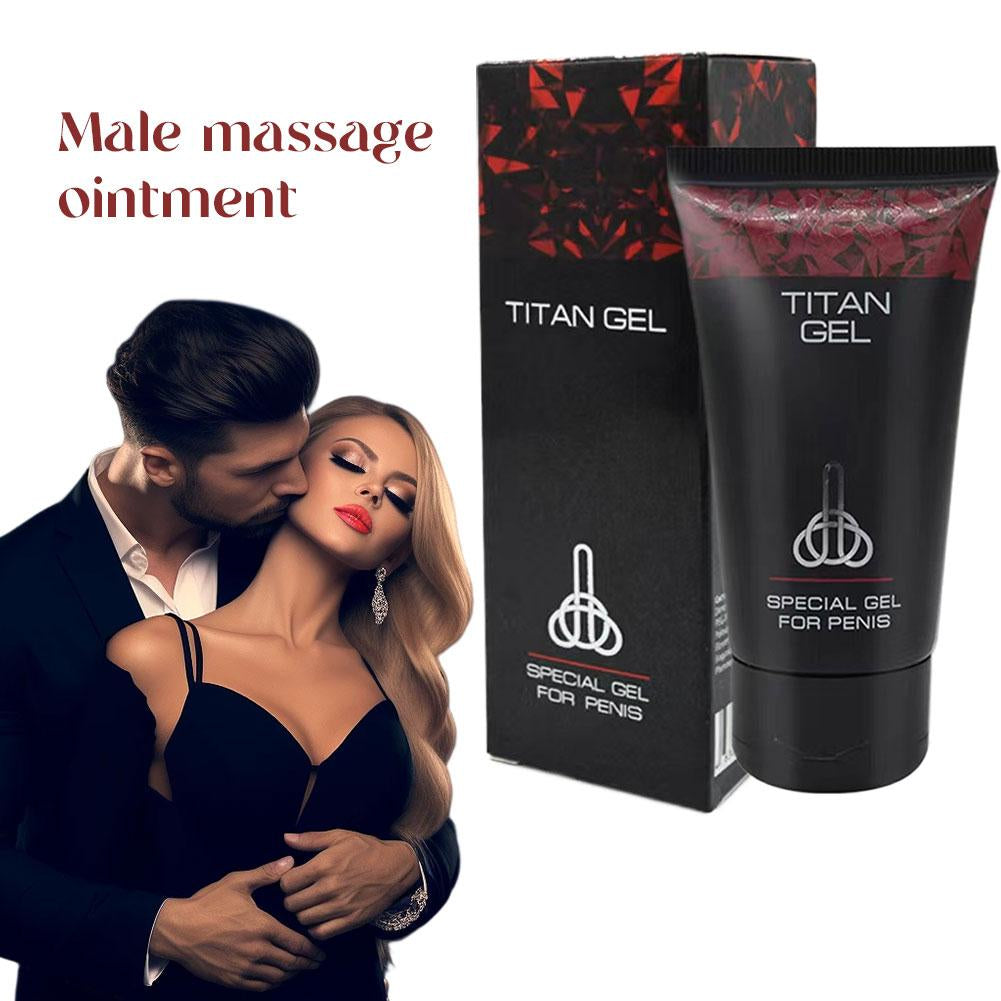 Titan Gel packaging with a couple embracing, labeled 'Male massage ointment'.Non-sticky water-soluble lubricant for enhanced pleasure