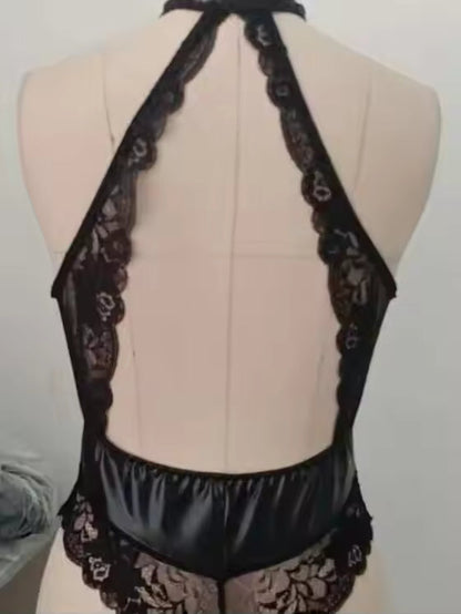 Sexy Lace Bodysuit – PU Patent Leather & Lace One-Piece Romper for Women | Bikinisexzy.com - Bikinisexzy.com