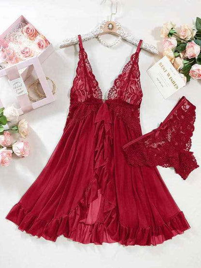 Sexy Lingerie Dress | 2-Piece Open Front Babydoll Night Gown with Thong (3XS–6XL)