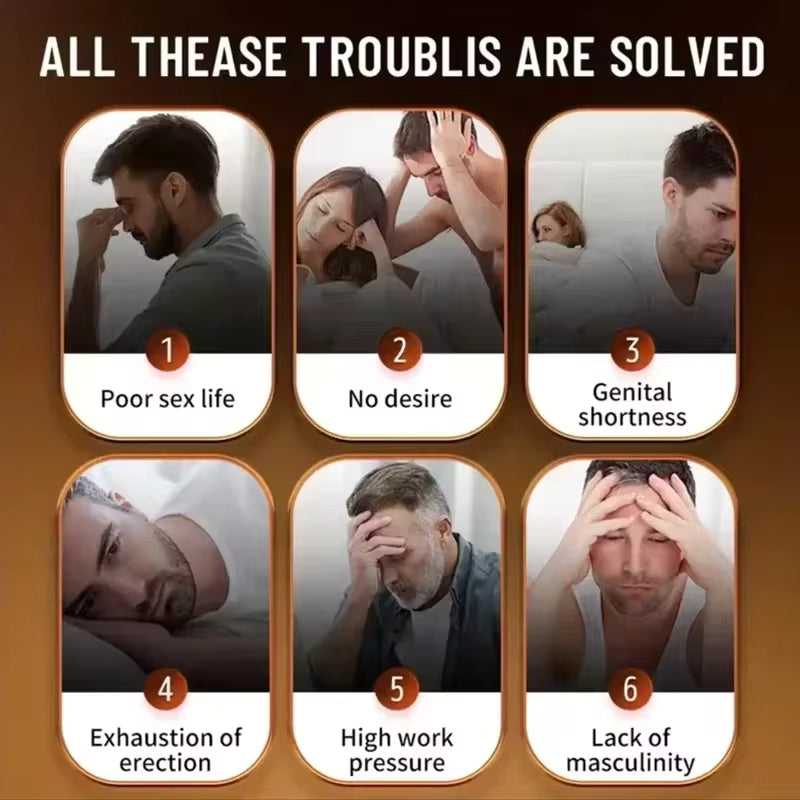 Six-panel comic strip with men experiencing various sexual difficulties and solutions.Infographic showing common male health concerns solved by our natural supplement buy and confidence with Bikinisexzy 